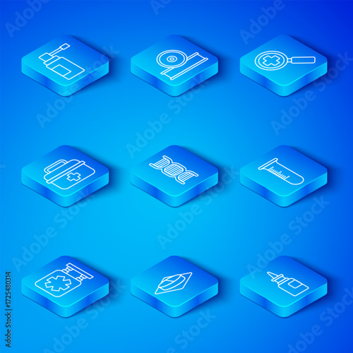 Set line Medical symbol of the Emergency, DNA, Medicine pill or tablet, Test tube and flask, Magnifying glass for search medical, First aid kit, bottle with nozzle spray and Bottle nasal icon. Vector