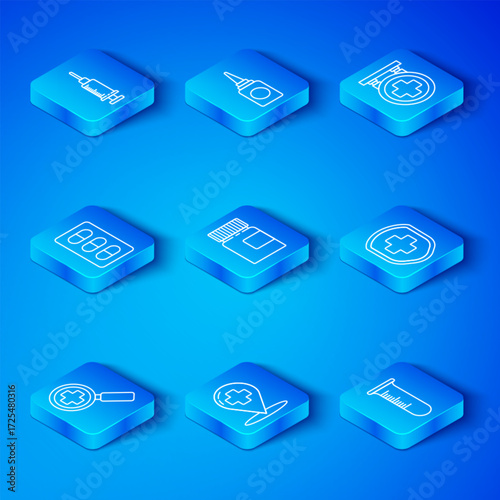 Set line Magnifying glass for search medical, Medicine bottle, Map pointer with cross hospital, Medical shield, Hospital signboard, Pills blister pack, Syringe and Test tube and flask icon. Vector