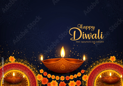 Indian Festival Diwali Greeting Card Design with Decorative Lamps vector illustration