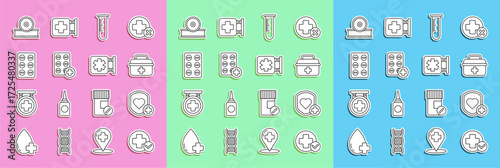 Set line Cross hospital medical, Shield and heart rate, First aid kit, Test tube flask, Pills in blister pack, Otolaryngological head reflector and Medical symbol of the Emergency icon. Vector