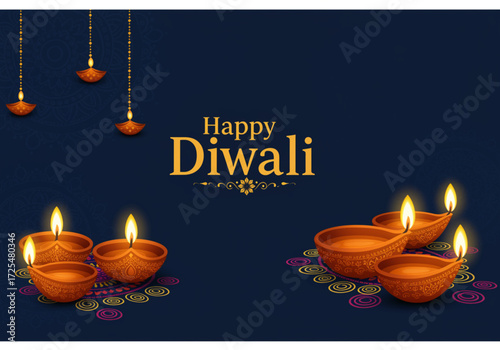 Happy Deepavali Festival Illustration with Glowing Diyas and Blue Background vector illustration