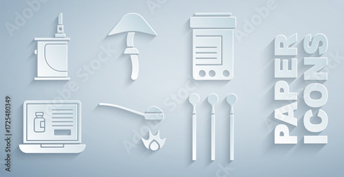 Set Heroin in a spoon, Medicine bottle and pills, Buying drugs online laptop, Matches, Psilocybin mushroom and Electronic cigarette icon. Vector