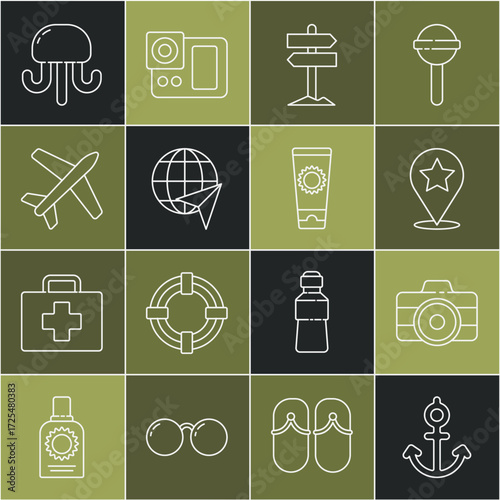 Set line Anchor, Photo camera, Map pointer with star, Road traffic signpost, Globe flying plane, Plane, Jellyfish and Sunscreen cream tube icon. Vector