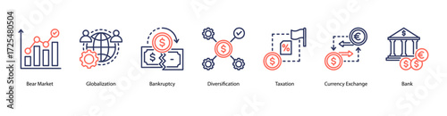 Global Economy and Risk web banner vector illustration featuring Globalization, Bankruptcy, Diversification, Taxation, Currency Exchange, Bank, and Recovery.