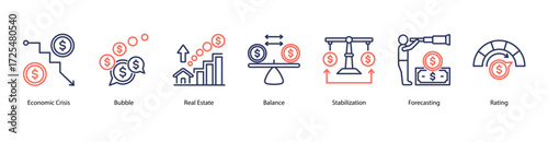 Forecasting and Stabilization web banner vector illustration featuring Bubble, Real Estate, Balance, Stabilization, Forecasting, and Rating.