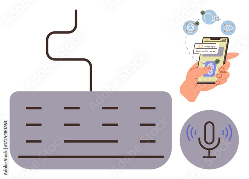 Keyboard, hand interacting with smartphone for messaging and voice commands. Ideal for communication, technology, automation, coding, accessibility, productivity digital interfaces. Simple flat