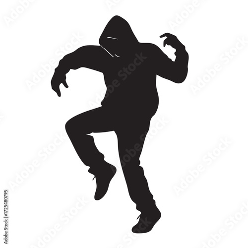 Dynamic silhouette of a hooded figure in mid dance pose against a white background