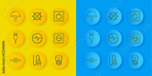 Set line Electric circuit scheme, USB cable cord, Electrical outlet, Light emitting diode, light switch and icon. Vector