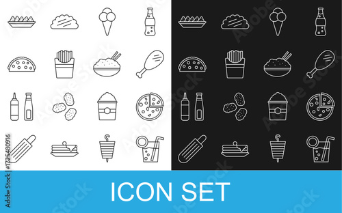 Set line Cocktail, Pizza, Chicken leg, Ice cream in waffle cone, Potatoes french fries box, Taco with tortilla, Nachos plate and Rice bowl chopstick icon. Vector