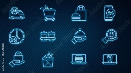 Set line Online ordering and delivery, burger, Coffee cup to go, Clock 24 hours, Fast by car, Covered with tray food and Shopping cart icon. Vector
