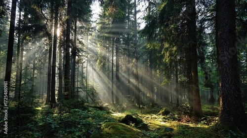 Beautiful rays of sunlight in a green forest