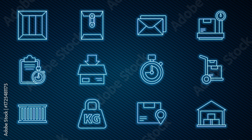 Set line Warehouse, Hand truck and boxes, Envelope, Carton cardboard, Verification of delivery list clipboard, Wooden, Stopwatch and icon. Vector