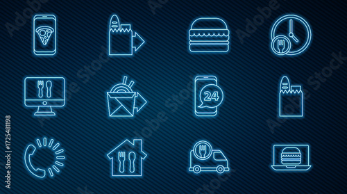 Set line Online ordering burger delivery, Shopping bag and food, Burger, noodles, Food pizza, and icon. Vector