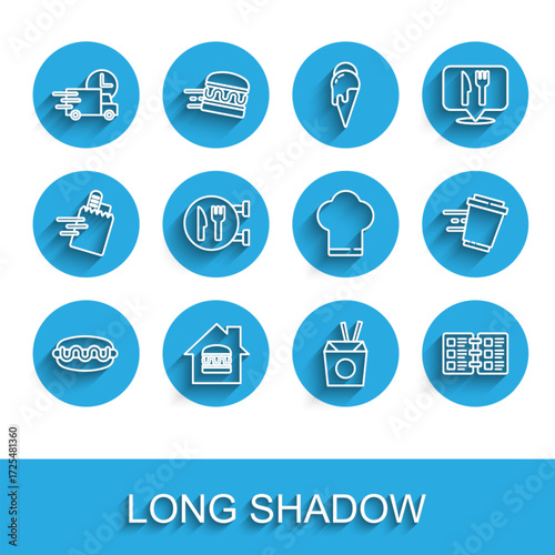 Set line Hotdog sandwich, Online ordering delivery, Fast by car, Asian noodles chopsticks, Restaurant cafe menu, Cafe restaurant location, Coffee cup to go and Chef hat icon. Vector