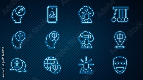 Set line Comedy theatrical mask, Psychology, Psi, Broken heart or divorce, Man graves funeral sorrow, Addiction to drug, and Psychologist online icon. Vector