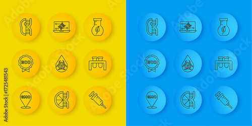 Set line GMO, Label for eco healthy food, Syringe, Test tube and flask, Genetically modified meat, and engineering modification icon. Vector