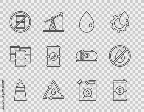 Set line Oil rig with fire, Barrel oil dollar, drop, recycle, No barrel for gasoline, Bio fuel, Canister motor machine and icon. Vector