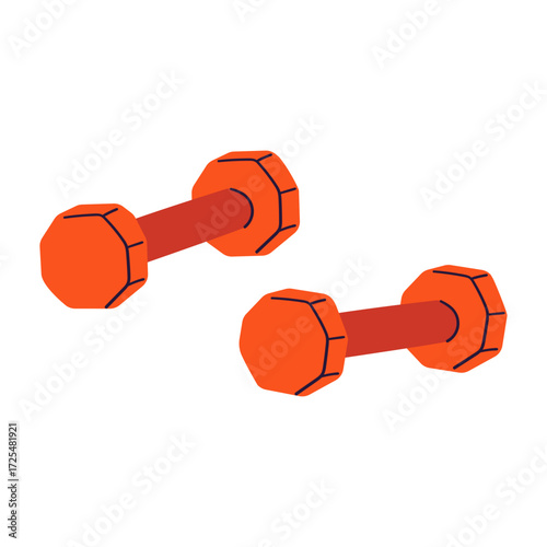 Orange dumbbells, gym equipment, fitness theme, exercise tools, strength training, weight lifting. Active lifestyle, healthy living, sports accessories, workout. Vector illustration, hand drawn, flat