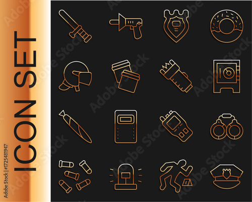 Set line Police cap with cockade, Handcuffs, Safe, badge, Plastic bag ziplock, helmet, rubber baton and electric shocker icon. Vector