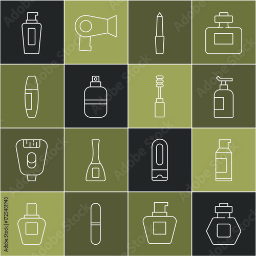 Set line Perfume, Spray can for hairspray, Cream lotion cosmetic tube, Nail file, Mascara brush, Bottle of shampoo and icon. Vector