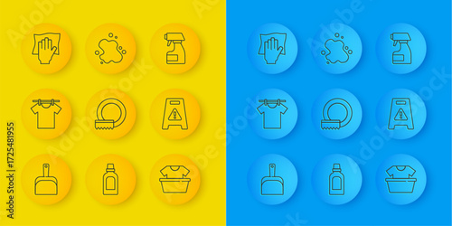 Set line Dustpan, Drying clothes, Washing dishes, Basin with shirt, Wet floor, Cleaning service, spray bottle and Water spill icon. Vector