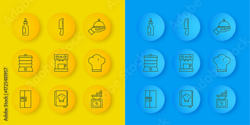 Set line Refrigerator, Slow cooker, Coffee machine, Manual coffee grinder, Chef hat, Bottle olive oil, Covered with tray and Knife icon. Vector