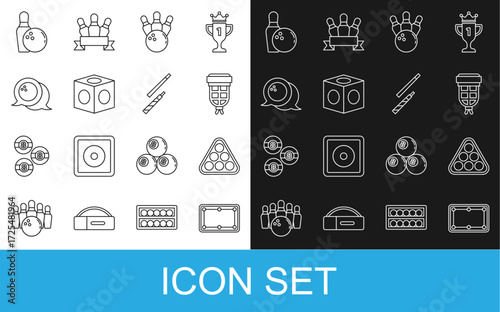 Set line Billiard table, balls in rack triangle, pocket, Bowling pin and, chalk, and cue icon. Vector