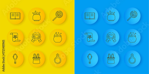 Set line Magic hand mirror, Ancient magic book, ball on, stone ring with gem, Witch cauldron, wand and icon. Vector