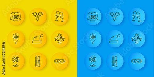 Set line Snowflake, Balloons with snowflake, Christmas Santa Claus hat, Ski goggles, sweater, Glass of champagne and Branch viburnum icon. Vector