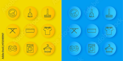 Set line Sponge, Ironing board, Towel hanger, Drying clothes, Washer, Handle broom and Feather icon. Vector