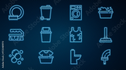 Set line Rubber cleaner for windows, plunger, Washer, Trash can, Brush cleaning, Washing dishes, Dirty t-shirt and icon. Vector