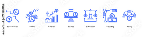 Forecasting and Stabilization web banner vector illustration featuring Bubble, Real Estate, Balance, Stabilization, Forecasting, and Rating.