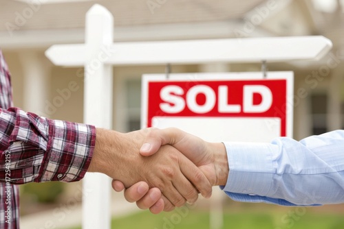 Handshake in front of a sold sign, symbolizing a successful real estate deal