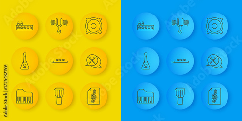 Set line Grand piano, Guitar, Drum drum sticks, Treble clef, Sound mixer controller, Stereo speaker and Musical tuning fork icon. Vector