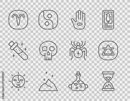 Set line Sun, Old hourglass with sand, Hamsa hand, Magic powder, Aries zodiac, Skull, Poison in bottle and Air element icon. Vector