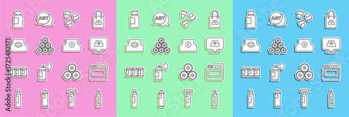Set line Marker pen, Paint, gouache, jar, dye, Spray can nozzle cap, attachment, spray, and icon. Vector