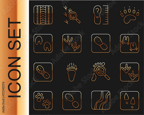Set line Human footprints shoes, Goose paw, Wild boar, Square measure size, Dove, Horse, Tire track and icon. Vector