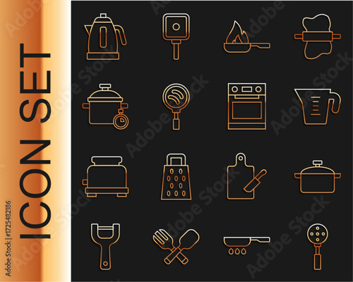 Set line Spatula, Cooking pot, Measuring cup, Frying pan, Electric kettle and Oven icon. Vector