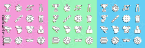 Set line Bicycle sprocket crank, seat, Sport bottle with water, Swiss army knife, chain, Derailleur bicycle rear, Award cup and icon. Vector