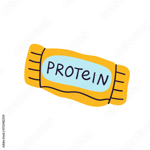 Protein bar, blue label with text, simple design, health, snack illustration. Food, wellness concept. Vector illustration, hand drawn, flat, minimal, doodle design. Protein bar, food supplements icon