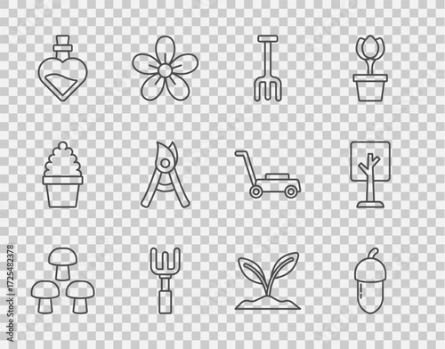 Set line Mushroom, Acorn, Garden rake, Bottle with love potion, Gardening handmade scissors, Sprout and Forest icon. Vector