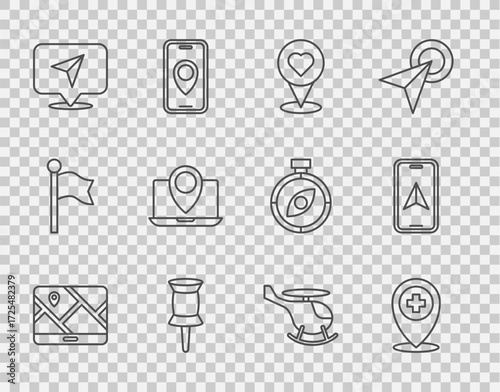 Set line City map navigation, Location with cross hospital, heart, Push pin, Infographic of city, Laptop location marker, Helicopter and icon. Vector