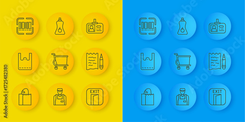 Set line Paper bag with bread loaf, shopping, Shopping cart, Fire exit, list and pencil, Scanner scanning bar code, Identification badge and Sauce bottle icon. Vector