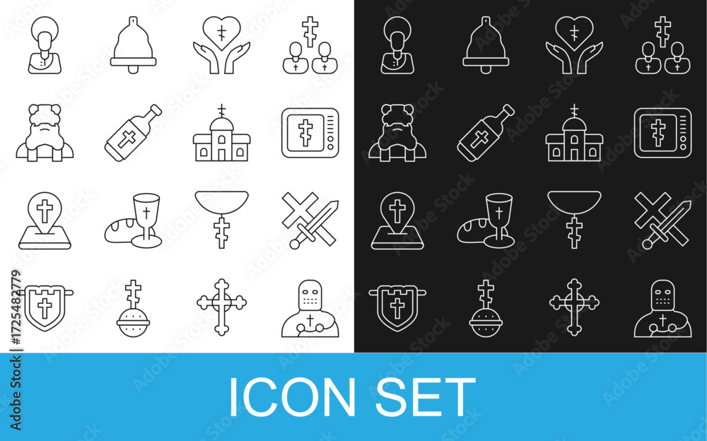 Naklejka premium Set line Knight crusader, Crusade, Online church pastor preaching, Religious cross heart, Holy water bottle, Priest, Jesus Christ and Church building icon. Vector