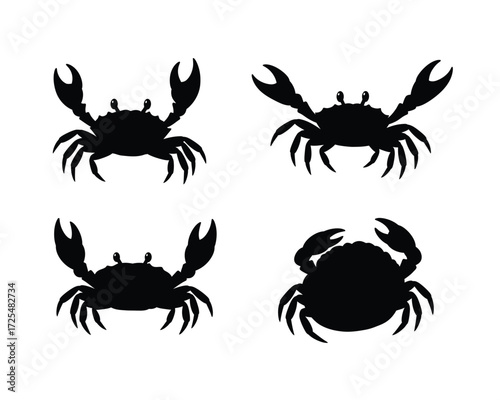 Set of four distinct black crab silhouettes showcasing different poses and angles on a clean white background