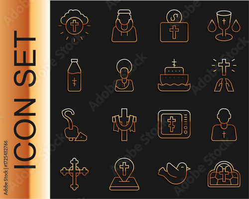 Set line Stained glass, Priest, Hands praying position, Donation for church, Jesus Christ, Holy water bottle, Religious cross circle and Ark of noah icon. Vector