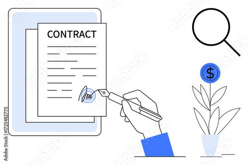 Hand signing a contract, magnifying glass for scrutiny, and a money plant symbolizing financial growth. Ideal for business, finance, agreements, investment, compliance opportunity trust. Simple
