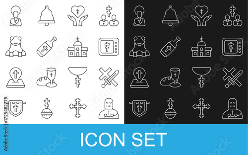 Set line Knight crusader, Crusade, Online church pastor preaching, Religious cross heart, Holy water bottle, Priest, Jesus Christ and Church building icon. Vector