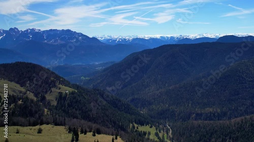 Cinematic 4K Aerial Drone video of flying over Brünnstein mountain in German Alps on a beautiful sunny summer day perfect for hiking with surrounding mountain peaks covered in ice and snow