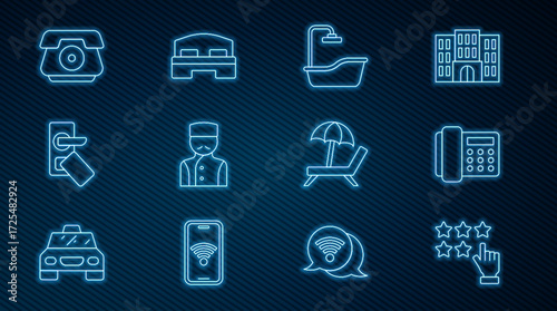 Set line Stars rating, Telephone handset, Bathtub, Concierge, Digital door lock, Sunbed with umbrella and Hotel room icon. Vector